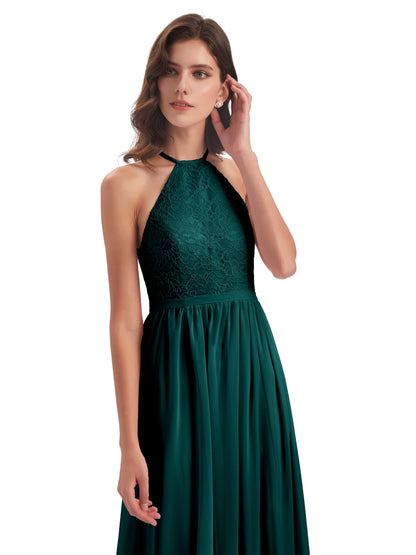 Harper A-line Halter Lace Long Bridesmaid Dresses