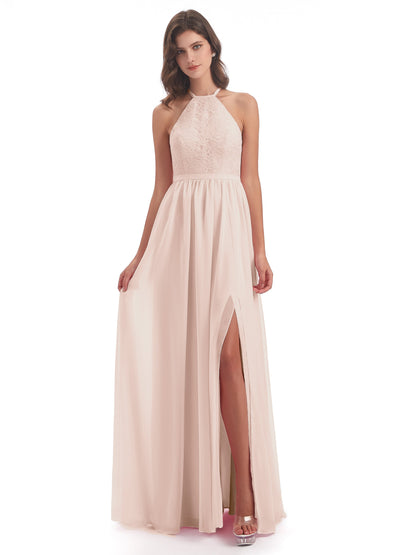 Harper A-line Halter Lace Long Bridesmaid Dresses