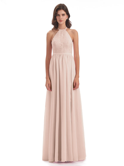 Harper A-line Halter Lace Long Bridesmaid Dresses