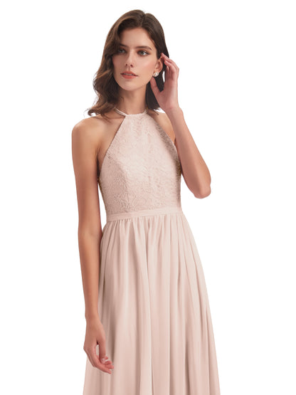 Harper A-line Halter Lace Long Bridesmaid Dresses