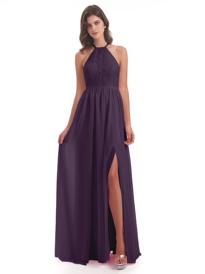 Harper A-line Halter Lace Long Bridesmaid Dresses