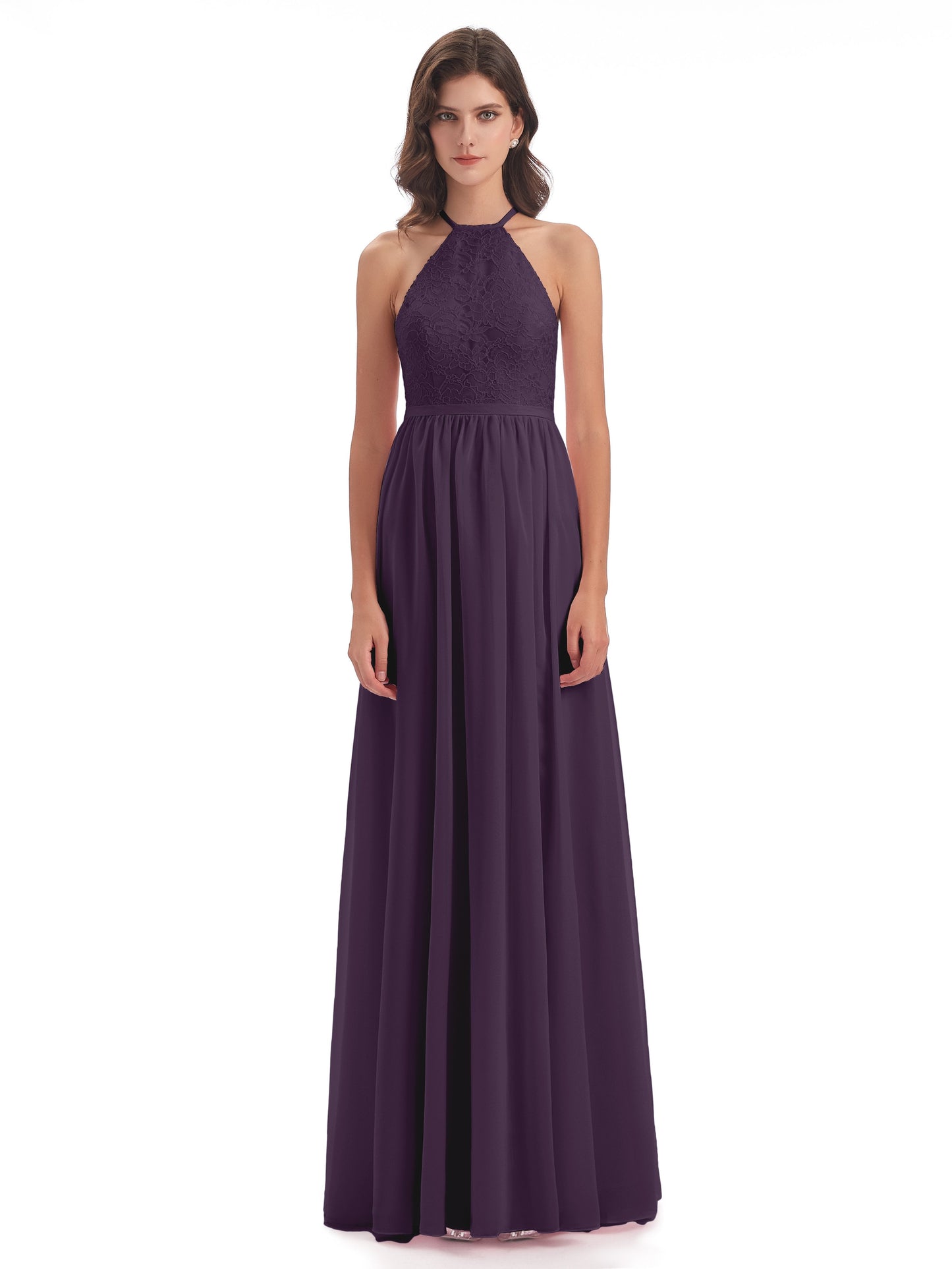 Harper A-line Halter Lace Long Bridesmaid Dresses