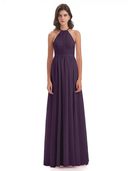 Harper A-line Halter Lace Long Bridesmaid Dresses