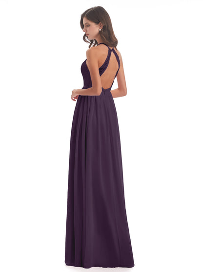 Harper A-line Halter Lace Long Bridesmaid Dresses