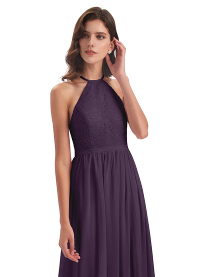 Harper A-line Halter Lace Long Bridesmaid Dresses