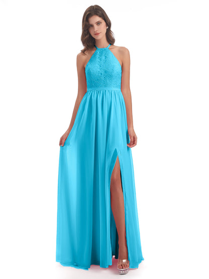Harper A-line Halter Lace Long Bridesmaid Dresses