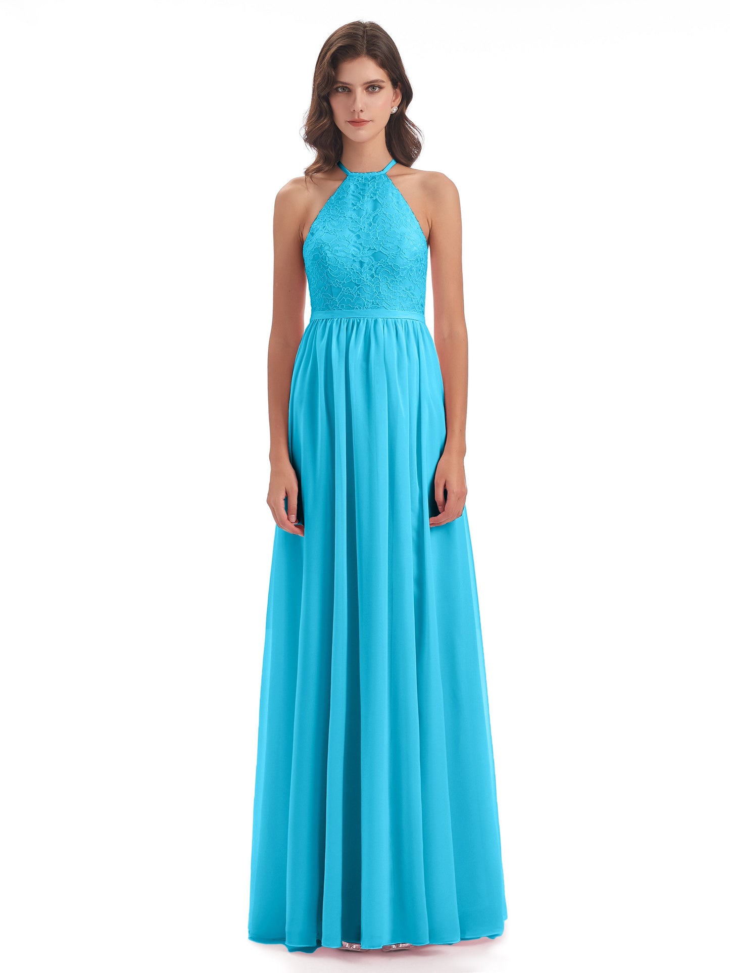 Harper A-line Halter Lace Long Bridesmaid Dresses