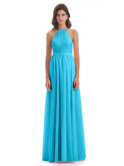Harper A-line Halter Lace Long Bridesmaid Dresses