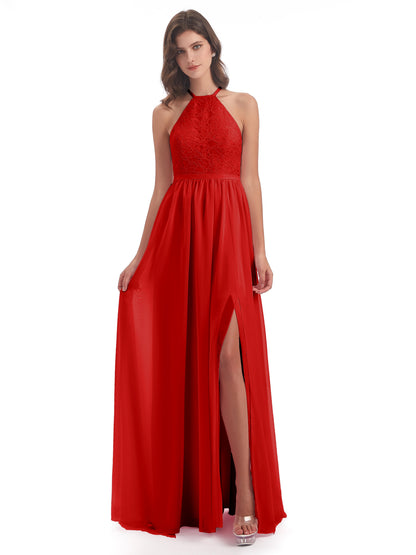 Harper A-line Halter Lace Long Bridesmaid Dresses