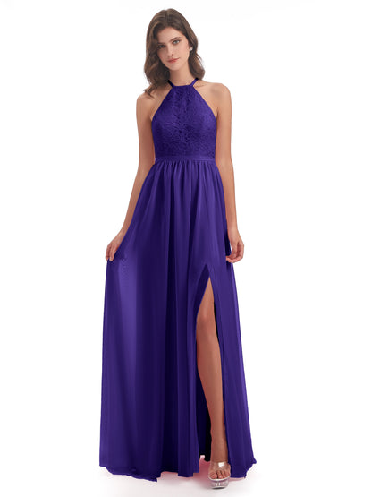 Harper A-line Halter Lace Long Bridesmaid Dresses