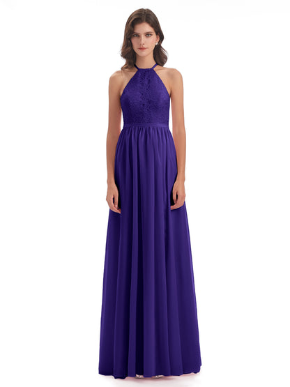 Harper A-line Halter Lace Long Bridesmaid Dresses