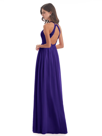 Harper A-line Halter Lace Long Bridesmaid Dresses