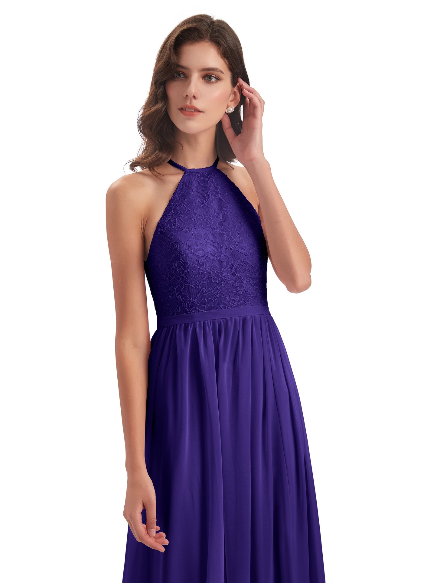 Harper A-line Halter Lace Long Bridesmaid Dresses