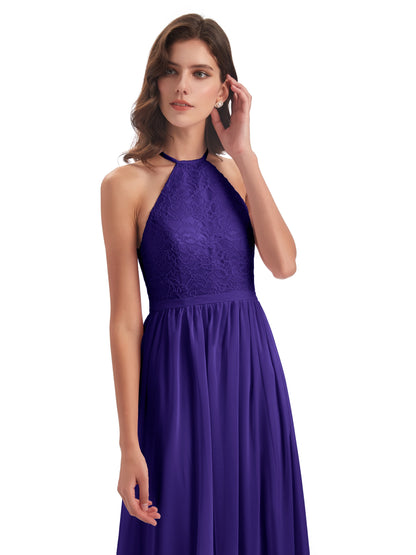 Harper A-line Halter Lace Long Bridesmaid Dresses