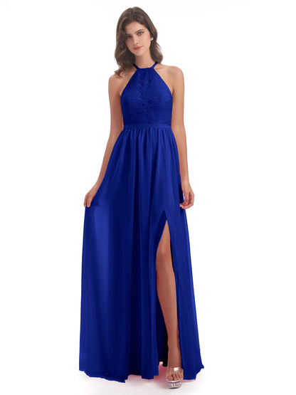 Harper A-line Halter Lace Long Bridesmaid Dresses