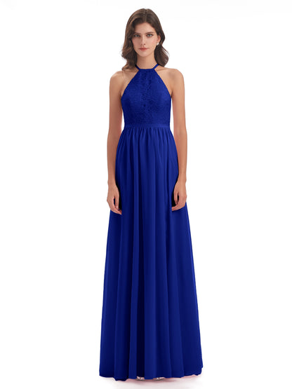 Harper A-line Halter Lace Long Bridesmaid Dresses