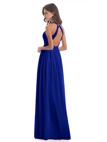 Harper A-line Halter Lace Long Bridesmaid Dresses