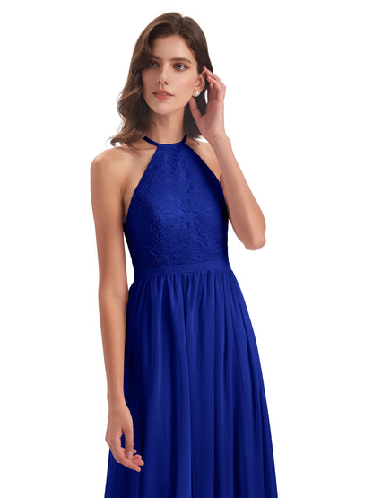 Harper A-line Halter Lace Long Bridesmaid Dresses