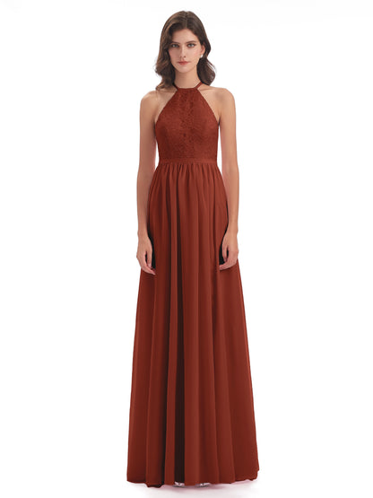 Harper A-line Halter Lace Long Bridesmaid Dresses