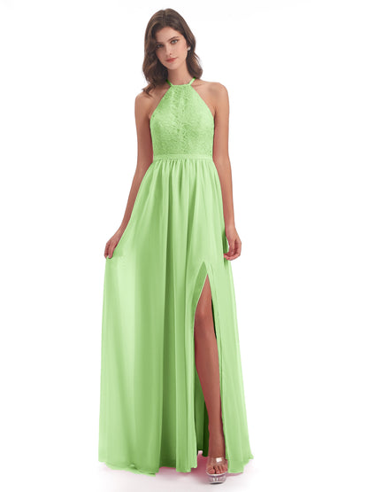 Harper A-line Halter Lace Long Bridesmaid Dresses