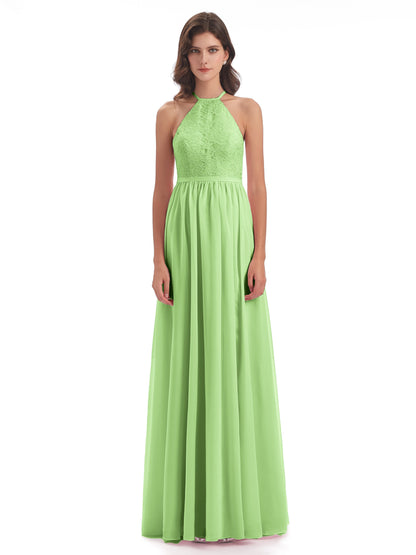 Harper A-line Halter Lace Long Bridesmaid Dresses