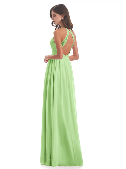 Harper A-line Halter Lace Long Bridesmaid Dresses