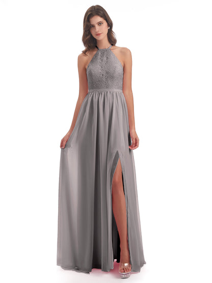 Harper A-line Halter Lace Long Bridesmaid Dresses