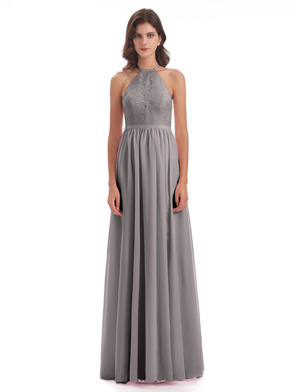 Harper A-line Halter Lace Long Bridesmaid Dresses