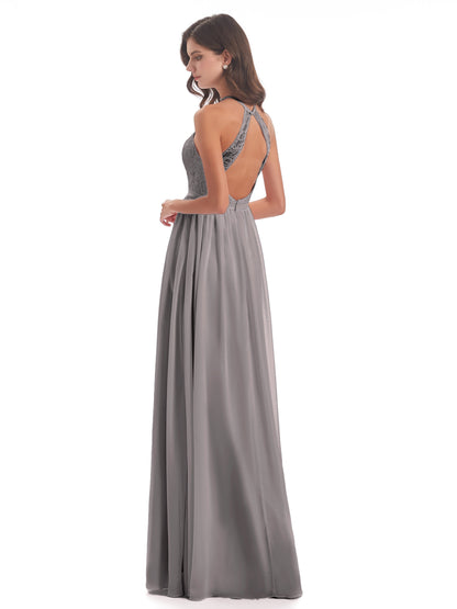 Harper A-line Halter Lace Long Bridesmaid Dresses