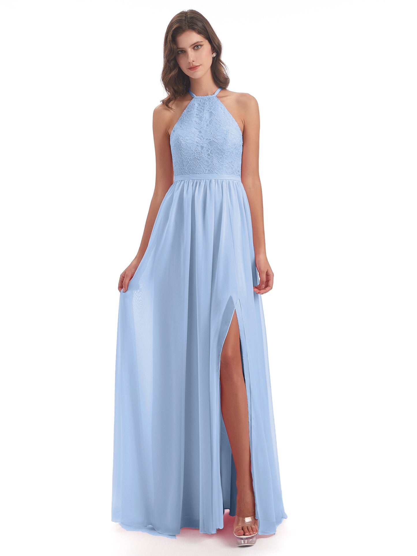 Harper A-line Halter Lace Long Bridesmaid Dresses