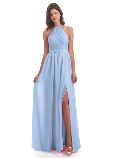Harper A-line Halter Lace Long Bridesmaid Dresses