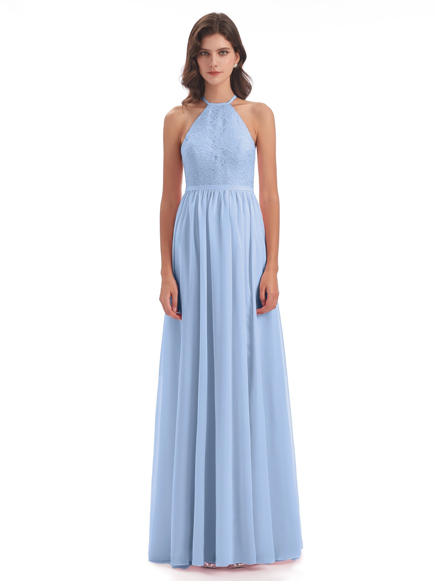 Harper A-line Halter Lace Long Bridesmaid Dresses