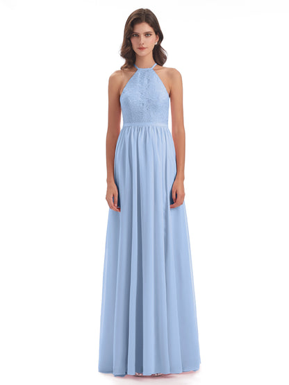 Harper A-line Halter Lace Long Bridesmaid Dresses