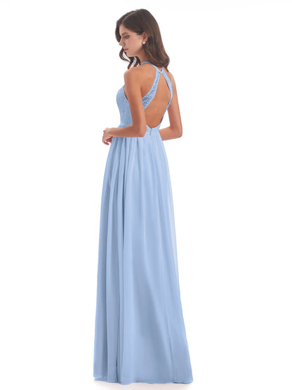 Harper A-line Halter Lace Long Bridesmaid Dresses