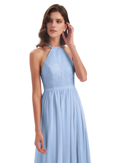 Harper A-line Halter Lace Long Bridesmaid Dresses