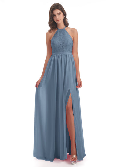 Harper A-line Halter Lace Long Bridesmaid Dresses