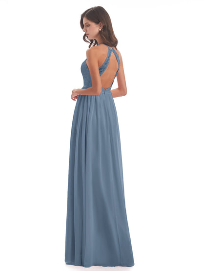 Harper A-line Halter Lace Long Bridesmaid Dresses
