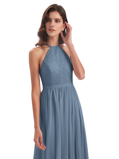 Harper A-line Halter Lace Long Bridesmaid Dresses
