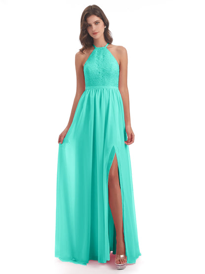 Harper A-line Halter Lace Long Bridesmaid Dresses