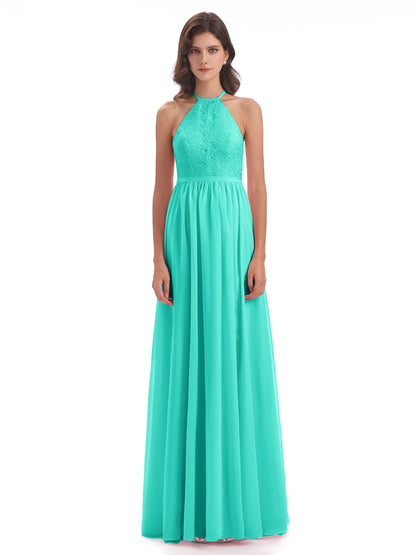 Harper A-line Halter Lace Long Bridesmaid Dresses