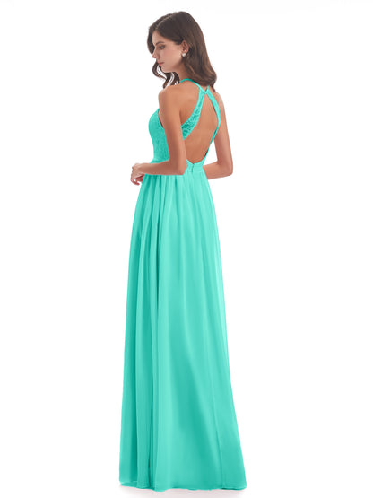 Harper A-line Halter Lace Long Bridesmaid Dresses
