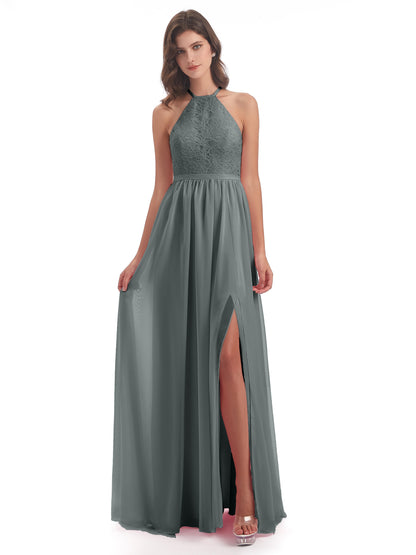Harper A-line Halter Lace Long Bridesmaid Dresses