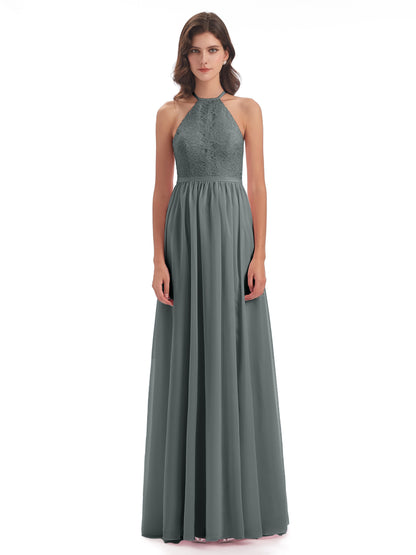 Harper A-line Halter Lace Long Bridesmaid Dresses