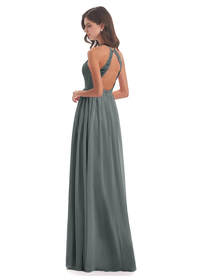 Harper A-line Halter Lace Long Bridesmaid Dresses