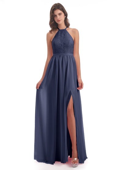 Harper A-line Halter Lace Long Bridesmaid Dresses
