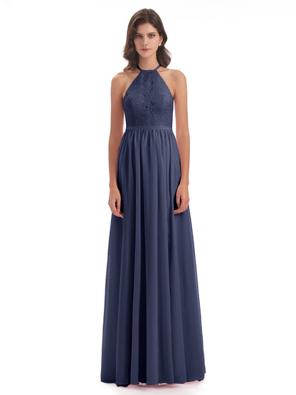 Harper A-line Halter Lace Long Bridesmaid Dresses