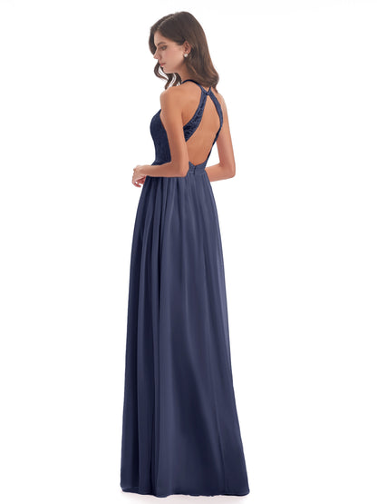 Harper A-line Halter Lace Long Bridesmaid Dresses