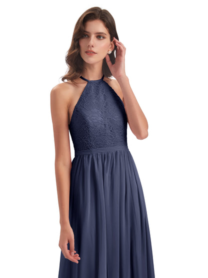 Harper A-line Halter Lace Long Bridesmaid Dresses