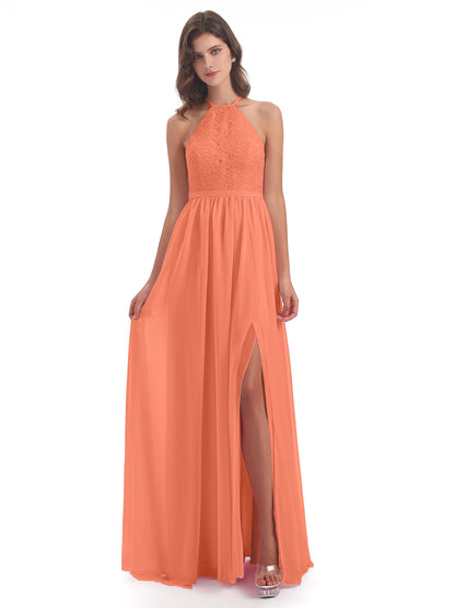 Harper A-line Halter Lace Long Bridesmaid Dresses