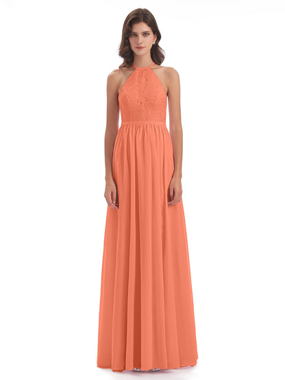 Harper A-line Halter Lace Long Bridesmaid Dresses